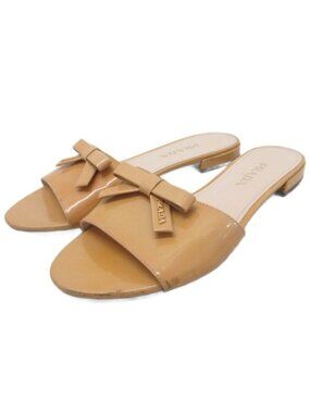 Prada Flat Sandals Mule Ribbon Motif Logo Gold 37.5 Beige Yellow